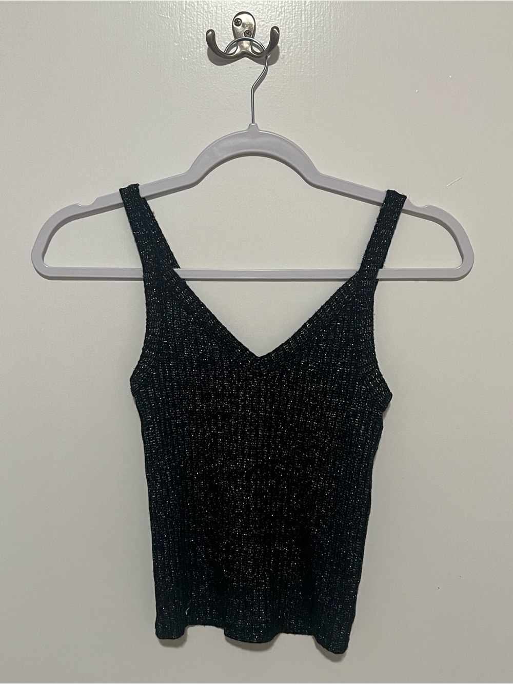 American Eagle Outfitters Black Ribbed Tank with Silver Sparkle